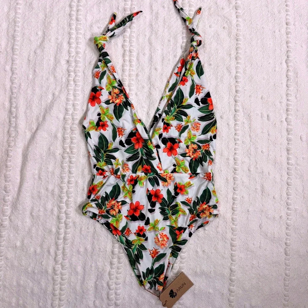 Arun Wear Tie Shoulder One Piece Swimsuit White Flower Tropical Medium NWT